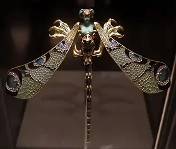 The Dragonfly brooch; by René Lalique; c. 1897–1898; gold, vitreous enamel, chrysoprase, chalcedony, moonstone and diamond; height: 23 centimetres (9.1&nbsp;in), width: 26.5 centimetres (10.4&nbsp;in); Calouste Gulbenkian Museum (Lisboa, Portugal)