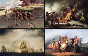 Clockwise from top left: Battle of Bunker Hill, Death of Montgomery at Quebec, Battle of Cowpens, "Moonlight&nbsp;Battle"
