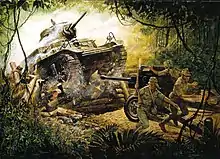 A painting that depicts an American tank smashing into a Japanese roadblock in December 1941