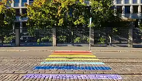 A zebra crossing outside the Russian Embassy, Helsinki painted with a rainbow