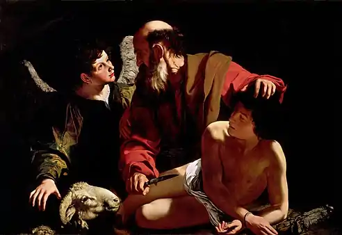 Sacrifice of Isaac, oil on canvas (45.6 x 68.1 / 116 x 173&nbsp;cm). This painting is sometimes attributed to Caravaggio.