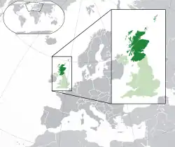Location of&nbsp;Scotland&nbsp;(dark green)–&nbsp;in Europe&nbsp;(green &&nbsp;dark grey)–&nbsp;in the United Kingdom&nbsp;(green)