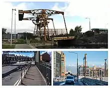 alt=Collage of three pictures. They are all taken during the day. The sky is blue with white clouds on all of them.
The picture on top: A bridge on a stream, there is a construction crane of some sort on the bridge. On left side, there is a neatly maintained lawn.
Below this picture, there are two photos side-by-side. The photo on the left - picture of road with pedestrian path. In the background, there are houses on both sides of the road, with a traffic light, and a car.
In the photo on the right, there are tall buildings on both sides of the road, there are cars and vans parked on both sides of the road.