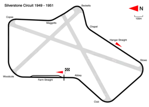 1949 to 1951: The circuit was now run on the airfield perimeter roads. Track length: 4.649&nbsp;km. Lap record: José Froilán González, Ferrari, 1:43.4 (1951 British Grand Prix).