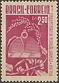 A commemorative stamp was issued in Brazil to mark the 50th anniversary of Japanese immigration. It depicts rice and coffee trees above and below agricultural implements. (1958)