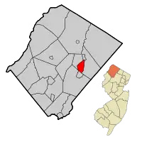 Location of Franklin in Sussex County highlighted in red (left). Inset map: Location of Sussex County in New Jersey highlighted in orange (right).