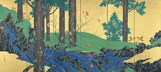 Mountain Stream in Summer and Autumn by Suzuki Kiitsu (left panel), Important Cultural Property
