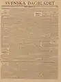 Svenska Dagbladet, Sunday, 2 May 1897. The first issue under new management, new format and new header. The first page contains signed contributions by Helmer Key&nbsp;[sv] (1864–1939), Gustaf F. Steffen&nbsp;[sv] (1864–1929) and Oscar Levertin (1862–1906).