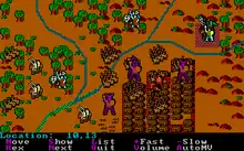 A battle, represented in digital format, takes place at a river intersection next to a small fortified city. Trees, hills, brushes dot the area. Simple colorful icons, representing monsters and soldiers, are arrayed among the terrain. In certain locations, several icons are stacked as a pile. A menu, displaying a list of commands, lies at the bottom of this image.