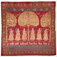 Gopis and cows, late 18th century, cotton plain-weave, dyed and painted with opaque watercolors, gold and silver, 244&nbsp;cm (96.06″) x 254&nbsp;cm (100″)