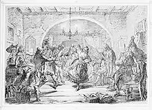 "Ulla dansar menuett": Ulla Winblad dances a minuet. Lithograph by Wilhelm Wallander&nbsp;[sv] (d. 1888)