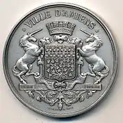 Medal of the city with its blazon, 53 millimetres (2.1&nbsp;in), signed Dantzell 1862.