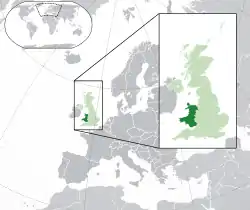 Location of&nbsp;Wales&nbsp;(dark green)–&nbsp;in Europe&nbsp;(green &&nbsp;dark grey)–&nbsp;in the United Kingdom&nbsp;(green)