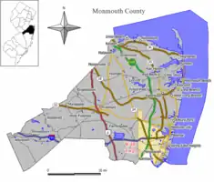 Location of Wall Township in Monmouth County highlighted in yellow (right). Inset map: Location of Monmouth County in New Jersey highlighted in black (left).
Interactive map of Wall Township, New Jersey