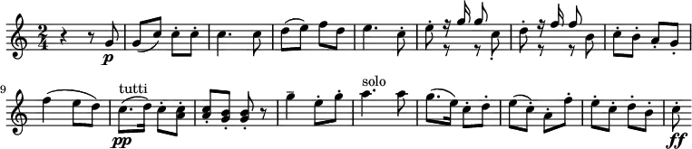 \relative c''{ \time 2/4 \set Score.tempoHideNote=##t \tempo 4=126 \set Staff.midiInstrument = #"trumpet" r4 r8 g8\p g8 (c8) c8-. c8-. c4. c8 d8 (e8) f8 d8 e4. c8-. e8-. <<{r16 g16 g8}\\{r8 r8 c,8-.}>> d8-. <<{r16 f16 f8}\\{ r8 r8 b,8}>> c8-. b8-. a8-. g8-. f'4 (e8 d8) c8.\pp^"tutti" (d16) c8-. <c a>8-. <c a>8-. <b g>8-. <b g>8-. r8 g'4-- e8-. g8-. a4.^"solo" a8 g8. (e16) c8-. d8-. e8 (c8-.) a8-. f'8-. e8-. c8-. d8-. b8-. c8-.\ff }