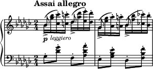 \new PianoStaff <<
\new Staff = "Up" \with { \magnifyStaff #3/4 } <<
\new Voice \relative c' {
\clef treble
\key ges \major
\tempo "Assai allegro"
\set Score.tempoHideNote = ##t \tempo 4 = 112
\time 2/4
\stemDown
bes'16_> \p (<ges' bes>_\markup{\italic leggiero} <ces, ces'>-.) <c c'>-. des_> (<aes' des> <ees ees'>-.) <des des'>-. ges,_> (<ees' ges> <aes, aes'>-.) <a a'>-. bes_> (<f' bes> <ces! ces'!>-.) <bes bes'>-.
}
\new Voice \relative c' {
\stemUp
bes'8 s des s ges, s bes
}
>>
\new Staff = "Down" \with { \magnifyStaff #3/4 } <<
\new Voice \relative c{
\clef bass
\key ges \major
ges'8-. <des' ges>-. f,-. <aes des aes'>-. ees-. <ges bes ees>-. des-. <f bes f'>-.
}
>>
>>