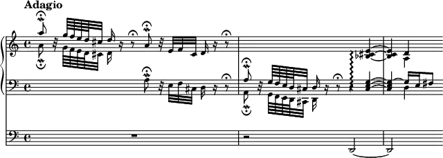 \new Score <<
\new PianoStaff <<
\new Staff \with { \magnifyStaff #3/4 } <<
\new Voice \relative c''' {
\set PianoStaff.connectArpeggios = ##t
\override Score.NonMusicalPaperColumn #'line-break-permission = ##f
\tempo Adagio
\voiceOne
a8 \fermata \mordent b,32 \rest g'64 f e d cis32 d16 b \rest b8 \rest \fermata
a \fermata \mordent b32 \rest e, f cis d16 b' \rest b8 \rest \fermata |
s2. \oneVoice <bes, cis e>4 ~ \arpeggio
<bes cis e>4 d
}
\new Voice \relative c'' {
\voiceTwo
a8 \fermata \mordent s32 g64 f e d cis32 d16 s8. s2 |
s1
s4 a
}
>>
\new Staff \with { \magnifyStaff #3/4 } <<
\new Voice \relative c' {
\clef "bass"
s2 a8 \fermata \mordent d,32 \rest e f cis d16 d \rest d8 \rest \fermata |
\voiceOne
a'8 \fermata \mordent d,32 \rest g64 f e d cis32 d16 d16 \rest d8 \rest \fermata d4 \rest <cis e g>4 ~ \arpeggio |
<cis e g> ~ g'16 e fis8
}
\new Voice \relative c {
\voiceTwo
s1
a8 \fermata \mordent s32 g64 f e d cis32 d16 s8. s2 |
s4 d'4
}
>>
>>
\new Staff \with { \magnifyStaff #3/4 } \relative c, {
\clef "bass"
R1 |
r2 d ~ |
d
}
>>