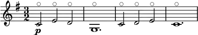 \relative c' { \clef treble \key g \major \time 3/2 c2\p\flageolet e\flageolet d\flageolet | g,1.\flageolet | c2\flageolet d\flageolet e\flageolet | c1.\flageolet }
