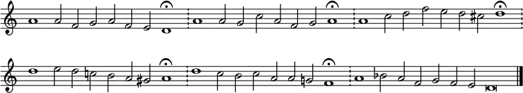 { \key c \major
\time 64/2
\set Score.tempoHideNote = ##t
\tempo 2=100
\set Staff.midiInstrument = "english horn"
\omit Score.TimeSignature
\override Score.BarNumber #'transparent = ##t
a'1 a'2 f' g' a' f' e' d'1\fermata \bar "!" a'1 a'2 g' c'' a' f' g' a'1\fermata \bar "!" a' c''2 d'' f'' e'' d'' cis'' d''1\fermata \bar "!" d''
e''2 d'' c'' b' a' gis' a'1\fermata \bar "!" d'' c''2 b' c'' a' a' g' f'1\fermata \bar "!" a' bes'2 a' f' g' f' e' d'\breve\bar "|."}