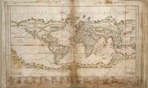 Teixeira Albernaz's 1630 "General Chart for All Navigation" (Taboas Geraes de Toda a Navegação), displaying an antimeridian equivalent to 135°&nbsp;E.